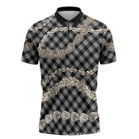 Black Aloha Hawaii Shell Lei Zipper Polo Shirt Palaka Hebrew Cone Honey Cowrie Elegant Curves LT14 Black - Polynesian Pride