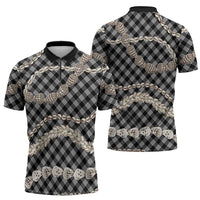 Black Aloha Hawaii Shell Lei Zipper Polo Shirt Palaka Hebrew Cone Honey Cowrie Elegant Curves LT14 - Polynesian Pride