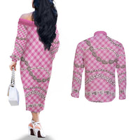 Pink Aloha Hawaii Shell Lei Couples Matching Off The Shoulder Long Sleeve Dress and Long Sleeve Button Shirt Palaka Hebrew Cone Honey Cowrie Elegant Curves - Polynesian Pride