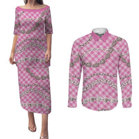 Pink Aloha Hawaii Shell Lei Couples Matching Puletasi and Long Sleeve Button Shirt Palaka Hebrew Cone Honey Cowrie Elegant Curves - Polynesian Pride