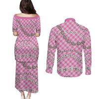 Pink Aloha Hawaii Shell Lei Couples Matching Puletasi and Long Sleeve Button Shirt Palaka Hebrew Cone Honey Cowrie Elegant Curves - Polynesian Pride