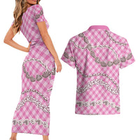 Pink Aloha Hawaii Shell Lei Couples Matching Short Sleeve Bodycon Dress and Hawaiian Shirt Palaka Hebrew Cone Honey Cowrie Elegant Curves - Polynesian Pride