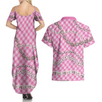 Pink Aloha Hawaii Shell Lei Couples Matching Summer Maxi Dress and Hawaiian Shirt Palaka Hebrew Cone Honey Cowrie Elegant Curves - Polynesian Pride
