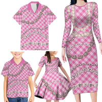 Pink Aloha Hawaii Shell Lei Family Matching Long Sleeve Bodycon Dress and Hawaiian Shirt Palaka Hebrew Cone Honey Cowrie Elegant Curves - Polynesian Pride