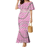 Pink Aloha Hawaii Shell Lei Family Matching Mermaid Dress and Hawaiian Shirt Palaka Hebrew Cone Honey Cowrie Elegant Curves - Polynesian Pride