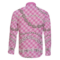 Pink Aloha Hawaii Shell Lei Family Matching Off The Shoulder Long Sleeve Dress and Hawaiian Shirt Palaka Hebrew Cone Honey Cowrie Elegant Curves - Polynesian Pride