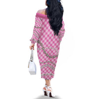 Pink Aloha Hawaii Shell Lei Family Matching Off The Shoulder Long Sleeve Dress and Hawaiian Shirt Palaka Hebrew Cone Honey Cowrie Elegant Curves - Polynesian Pride
