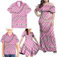 Pink Aloha Hawaii Shell Lei Family Matching Off Shoulder Maxi Dress and Hawaiian Shirt Palaka Hebrew Cone Honey Cowrie Elegant Curves - Polynesian Pride