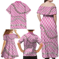 Pink Aloha Hawaii Shell Lei Family Matching Off Shoulder Maxi Dress and Hawaiian Shirt Palaka Hebrew Cone Honey Cowrie Elegant Curves - Polynesian Pride