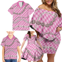 Pink Aloha Hawaii Shell Lei Family Matching Off Shoulder Short Dress and Hawaiian Shirt Palaka Hebrew Cone Honey Cowrie Elegant Curves - Polynesian Pride