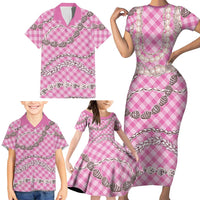 Pink Aloha Hawaii Shell Lei Family Matching Short Sleeve Bodycon Dress and Hawaiian Shirt Palaka Hebrew Cone Honey Cowrie Elegant Curves - Polynesian Pride