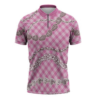 Pink Aloha Hawaii Shell Lei Zipper Polo Shirt Palaka Hebrew Cone Honey Cowrie Elegant Curves LT14 Pink - Polynesian Pride