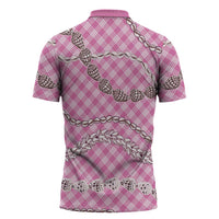 Pink Aloha Hawaii Shell Lei Zipper Polo Shirt Palaka Hebrew Cone Honey Cowrie Elegant Curves LT14 - Polynesian Pride
