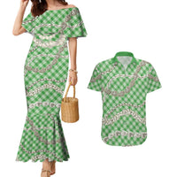 Green Aloha Hawaii Shell Lei Couples Matching Mermaid Dress and Hawaiian Shirt Palaka Hebrew Cone Honey Cowrie Elegant Curves - Polynesian Pride