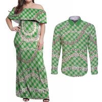 Green Aloha Hawaii Shell Lei Couples Matching Off Shoulder Maxi Dress and Long Sleeve Button Shirt Palaka Hebrew Cone Honey Cowrie Elegant Curves - Polynesian Pride
