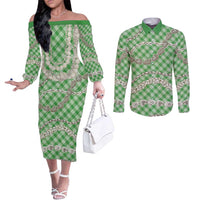 Green Aloha Hawaii Shell Lei Couples Matching Off The Shoulder Long Sleeve Dress and Long Sleeve Button Shirt Palaka Hebrew Cone Honey Cowrie Elegant Curves - Polynesian Pride