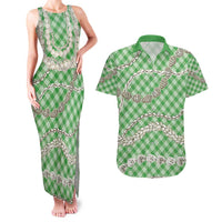 Green Aloha Hawaii Shell Lei Couples Matching Tank Maxi Dress and Hawaiian Shirt Palaka Hebrew Cone Honey Cowrie Elegant Curves - Polynesian Pride