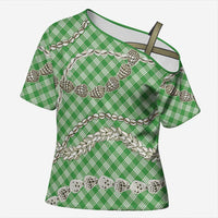 Green Aloha Hawaii Shell Lei Cross Shoulder Shirt Palaka Hebrew Cone Honey Cowrie Elegant Curves LT14 Female Green - Polynesian Pride