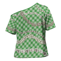Green Aloha Hawaii Shell Lei Cross Shoulder Shirt Palaka Hebrew Cone Honey Cowrie Elegant Curves LT14 - Polynesian Pride