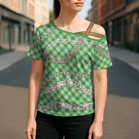 Green Aloha Hawaii Shell Lei Cross Shoulder Shirt Palaka Hebrew Cone Honey Cowrie Elegant Curves LT14 - Polynesian Pride