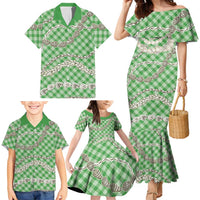 Green Aloha Hawaii Shell Lei Family Matching Mermaid Dress and Hawaiian Shirt Palaka Hebrew Cone Honey Cowrie Elegant Curves - Polynesian Pride