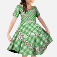 Green Aloha Hawaii Shell Lei Family Matching Off The Shoulder Long Sleeve Dress and Hawaiian Shirt Palaka Hebrew Cone Honey Cowrie Elegant Curves - Polynesian Pride