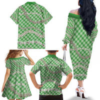 Green Aloha Hawaii Shell Lei Family Matching Off The Shoulder Long Sleeve Dress and Hawaiian Shirt Palaka Hebrew Cone Honey Cowrie Elegant Curves - Polynesian Pride
