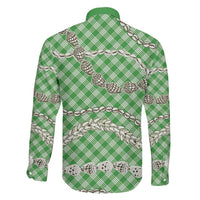 Green Aloha Hawaii Shell Lei Family Matching Off The Shoulder Long Sleeve Dress and Hawaiian Shirt Palaka Hebrew Cone Honey Cowrie Elegant Curves - Polynesian Pride