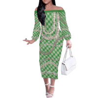 Green Aloha Hawaii Shell Lei Family Matching Off The Shoulder Long Sleeve Dress and Hawaiian Shirt Palaka Hebrew Cone Honey Cowrie Elegant Curves - Polynesian Pride