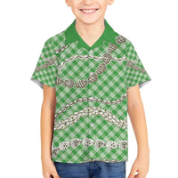 Green Aloha Hawaii Shell Lei Family Matching Off The Shoulder Long Sleeve Dress and Hawaiian Shirt Palaka Hebrew Cone Honey Cowrie Elegant Curves - Polynesian Pride