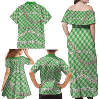 Green Aloha Hawaii Shell Lei Family Matching Off Shoulder Maxi Dress and Hawaiian Shirt Palaka Hebrew Cone Honey Cowrie Elegant Curves - Polynesian Pride