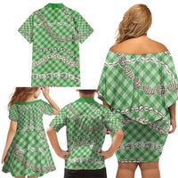 Green Aloha Hawaii Shell Lei Family Matching Off Shoulder Short Dress and Hawaiian Shirt Palaka Hebrew Cone Honey Cowrie Elegant Curves LT14 - Polynesian Pride