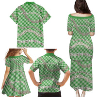 Green Aloha Hawaii Shell Lei Family Matching Puletasi and Hawaiian Shirt Palaka Hebrew Cone Honey Cowrie Elegant Curves - Polynesian Pride
