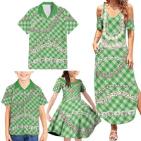 Green Aloha Hawaii Shell Lei Family Matching Summer Maxi Dress and Hawaiian Shirt Palaka Hebrew Cone Honey Cowrie Elegant Curves - Polynesian Pride