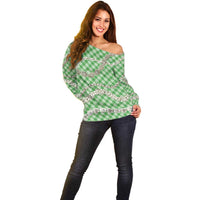 Green Aloha Hawaii Shell Lei Off Shoulder Sweater Palaka Hebrew Cone Honey Cowrie Elegant Curves - Polynesian Pride