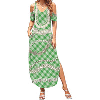 Green Aloha Hawaii Shell Lei Summer Maxi Dress Palaka Hebrew Cone Honey Cowrie Elegant Curves LT14 Women Green - Polynesian Pride