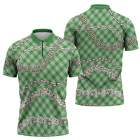 Green Aloha Hawaii Shell Lei Zipper Polo Shirt Palaka Hebrew Cone Honey Cowrie Elegant Curves LT14 - Polynesian Pride