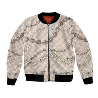 Beige Aloha Hawaii Shell Lei Bomber Jacket Palaka Hebrew Cone Honey Cowrie Elegant Curves - Polynesian Pride