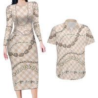 Beige Aloha Hawaii Shell Lei Couples Matching Long Sleeve Bodycon Dress and Hawaiian Shirt Palaka Hebrew Cone Honey Cowrie Elegant Curves - Polynesian Pride