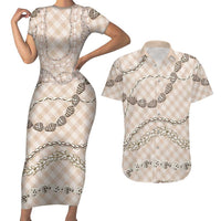 Beige Aloha Hawaii Shell Lei Couples Matching Short Sleeve Bodycon Dress and Hawaiian Shirt Palaka Hebrew Cone Honey Cowrie Elegant Curves - Polynesian Pride