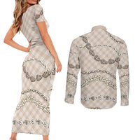 Beige Aloha Hawaii Shell Lei Couples Matching Short Sleeve Bodycon Dress and Long Sleeve Button Shirt Palaka Hebrew Cone Honey Cowrie Elegant Curves - Polynesian Pride