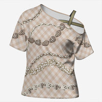 Beige Aloha Hawaii Shell Lei Cross Shoulder Shirt Palaka Hebrew Cone Honey Cowrie Elegant Curves LT14 Female Beige - Polynesian Pride