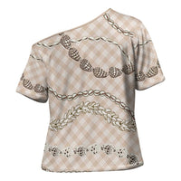 Beige Aloha Hawaii Shell Lei Cross Shoulder Shirt Palaka Hebrew Cone Honey Cowrie Elegant Curves LT14 - Polynesian Pride