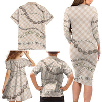 Beige Aloha Hawaii Shell Lei Family Matching Long Sleeve Bodycon Dress and Hawaiian Shirt Palaka Hebrew Cone Honey Cowrie Elegant Curves - Polynesian Pride