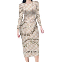 Beige Aloha Hawaii Shell Lei Family Matching Long Sleeve Bodycon Dress and Hawaiian Shirt Palaka Hebrew Cone Honey Cowrie Elegant Curves - Polynesian Pride