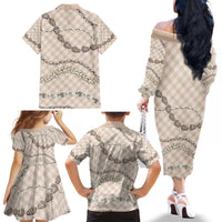 Beige Aloha Hawaii Shell Lei Family Matching Off The Shoulder Long Sleeve Dress and Hawaiian Shirt Palaka Hebrew Cone Honey Cowrie Elegant Curves - Polynesian Pride