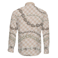 Beige Aloha Hawaii Shell Lei Family Matching Off The Shoulder Long Sleeve Dress and Hawaiian Shirt Palaka Hebrew Cone Honey Cowrie Elegant Curves - Polynesian Pride