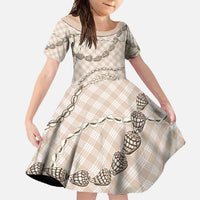 Beige Aloha Hawaii Shell Lei Family Matching Off Shoulder Maxi Dress and Hawaiian Shirt Palaka Hebrew Cone Honey Cowrie Elegant Curves - Polynesian Pride