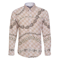 Beige Aloha Hawaii Shell Lei Family Matching Off Shoulder Maxi Dress and Hawaiian Shirt Palaka Hebrew Cone Honey Cowrie Elegant Curves - Polynesian Pride
