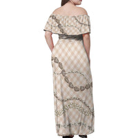Beige Aloha Hawaii Shell Lei Family Matching Off Shoulder Maxi Dress and Hawaiian Shirt Palaka Hebrew Cone Honey Cowrie Elegant Curves - Polynesian Pride